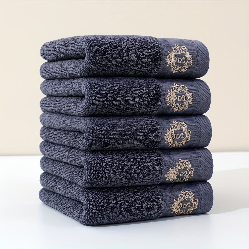 5pc Ultra Soft Cotton Velvet Hand Towels - 34.04x73.66cm, High-Quality & Cooling Comfort for Bathroom, Gym, Travel | Monogram Design in Navy Blue, Light Gray, White, Dark Gray, Light Brown | Multi-Color Options, Bathroom Essentials | Monogrammed Cotton