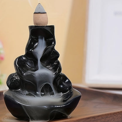 Stylish Black Resin Backflow Waterfall Incense Burner with Wooden Sticks - Classic Design for Halloween Decor, Floor Installation, Incense Holder