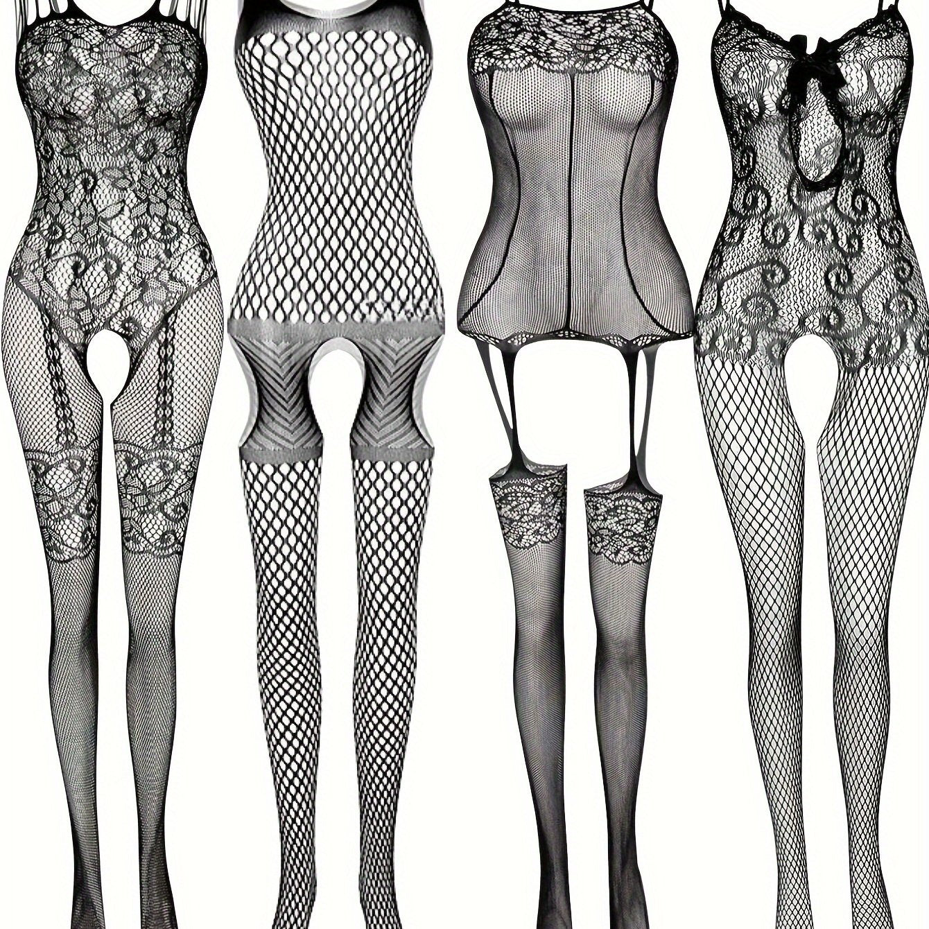 Fashionable 4-piece bodystocking set for women, without lingerie or underpants.