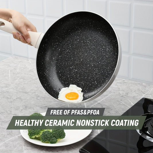 Frying Pans with Granite Stone Non-Stick Coating, PFOA-Free: Available in 9.45, 10.25, and 11 Inch Sizes, Suitable for All Stove Types, Including Induction, and Safe for Dishwasher Use.