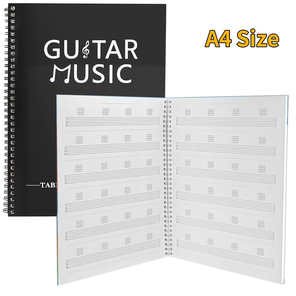 50-sheet guitar music creation and practice staff notebook with blank chord diagrams and 56 commonly used guitar chord diagrams on inside cover.