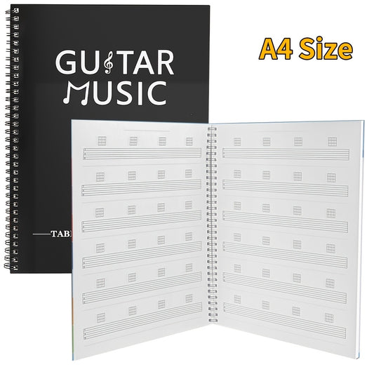 50-sheet guitar music creation and practice staff notebook with blank chord diagrams and 56 commonly used guitar chord diagrams on inside cover.