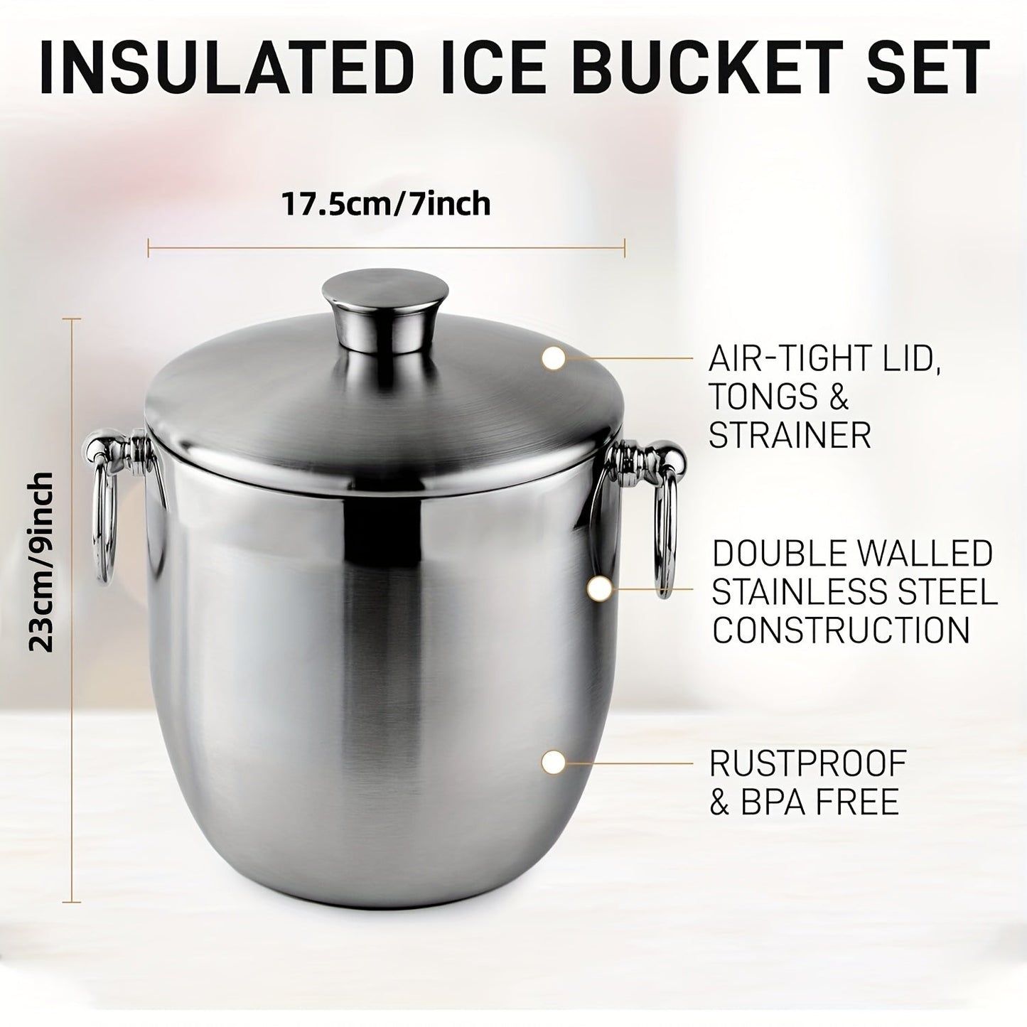 Large 3L Stainless Steel Double-Walled Ice Bucket with Lid, Strainer & Tongs - Ideal for Outdoor Gatherings, Bars, and Parties