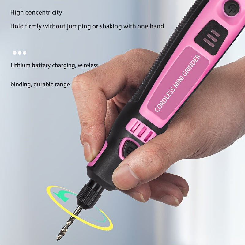 Cordless mini electric grinder set in pink with 3-speed rotary tool kit, rechargeable lithium battery. Portable machine for polishing, carving, engraving, and drilling on jade, wax, and