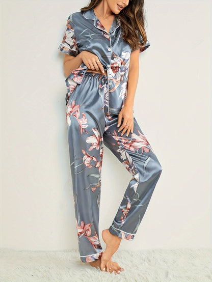 Women's floral print pajama set with short sleeve button top and elastic waistband pants, perfect for sleepwear or loungewear.