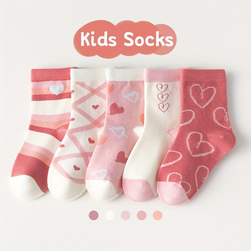 10 pairs of girl's knitted socks with cartoon heart pattern, soft and breathable for outdoor wear.