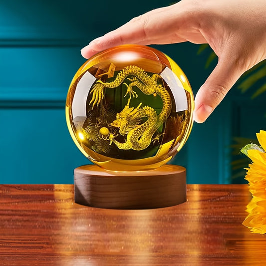 Dragon crystal ball night light with wooden base, USB-powered, color-changing desk decor for home and bedroom, great gift for dragon lovers.