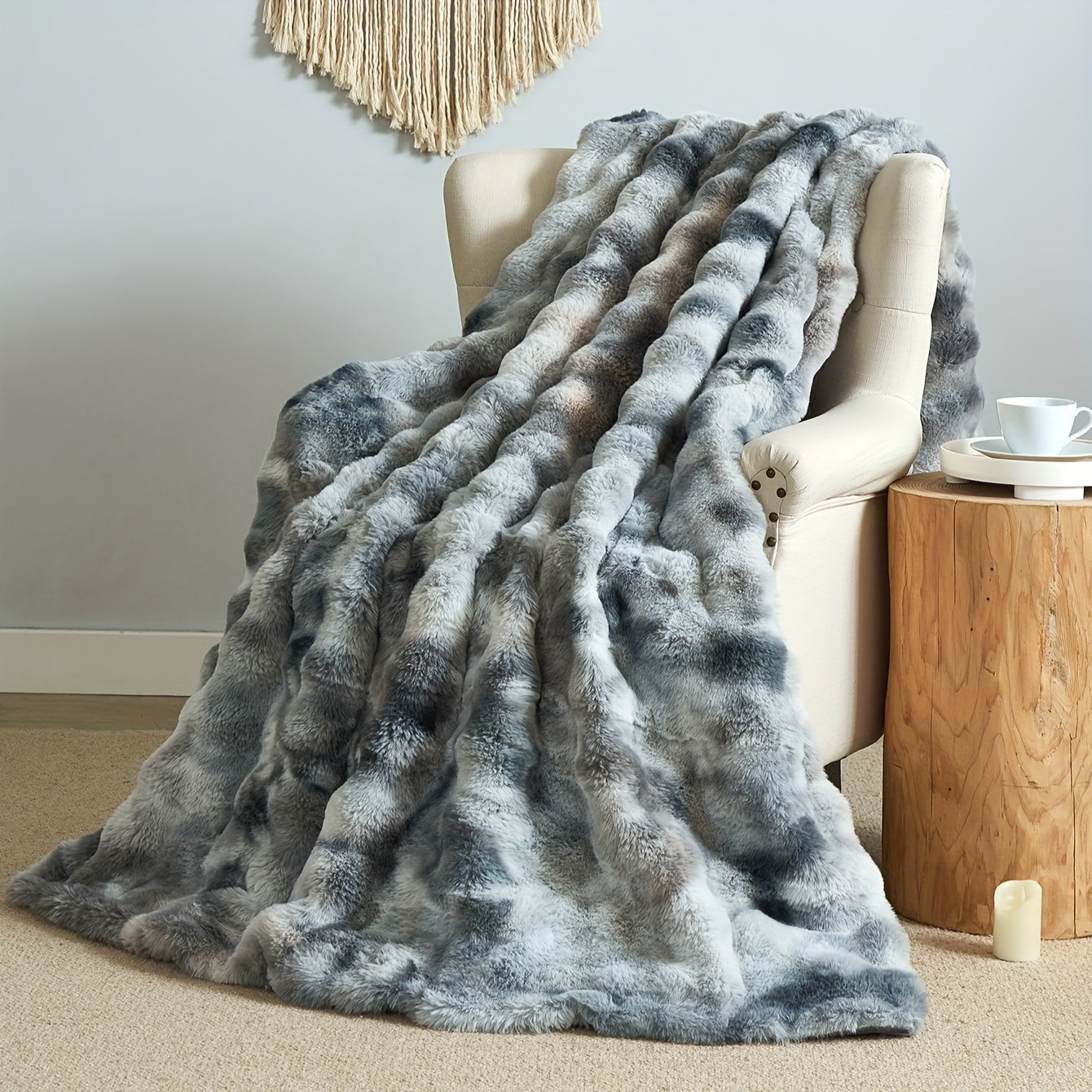 One piece of tie-dye faux rabbit fur blanket with shaggy short plush material for a soft, fluffy bed or sofa blanket, perfect for cozy naps and throws.