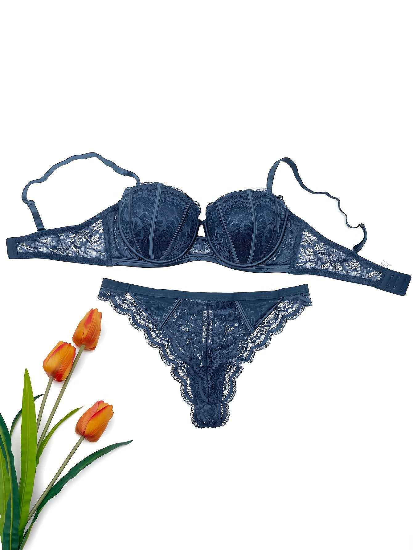 Floral lingerie set with lace embroidered push-up bra and panty, designed for small busts and features anti-sagging adjustable bralette.