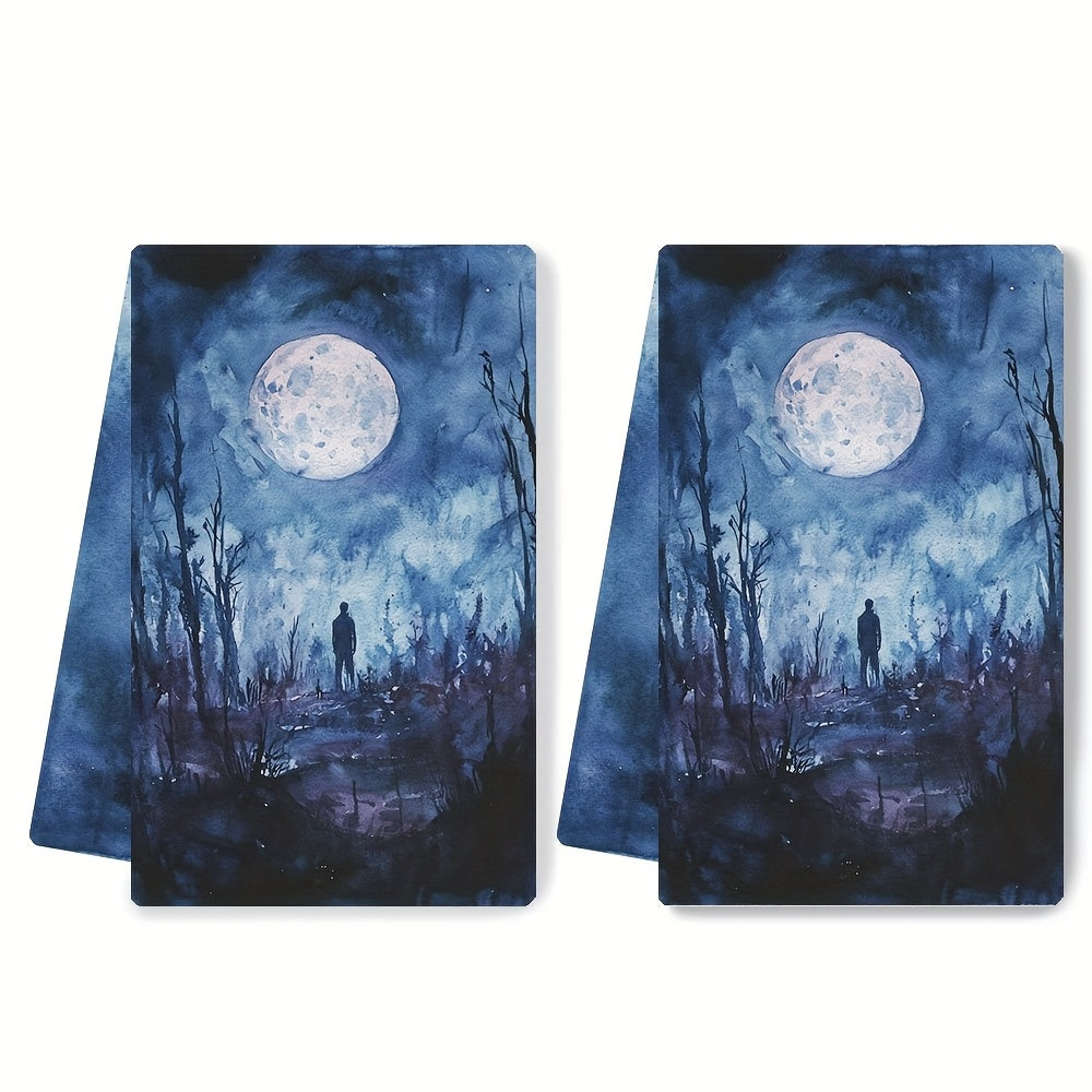 Set of 2 Ultra Soft Kitchen Towels featuring a Supernatural Night Theme with Full Moon & Shadowy Figure. These highly absorbent Polyester Dish Hand Towels are machine washable and measure 40.64x60.96 cm. Perfect for Holiday Decor and everyday use in the