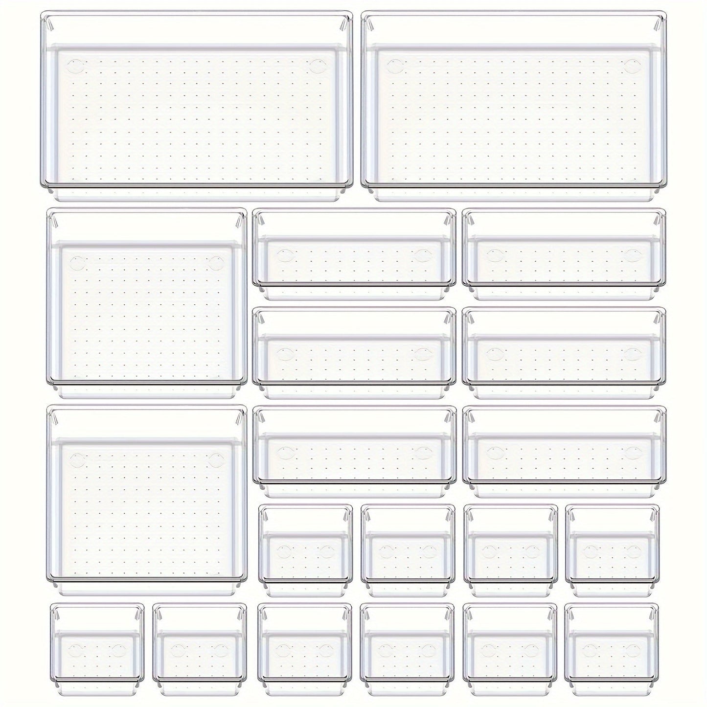 Desk Drawer Organizer Set of 10 or 20 Pieces: Plastic Vanity Trays in 4 Sizes for Organizing Drawers in Dresser, makeup, Kitchen, Office, or Bathroom