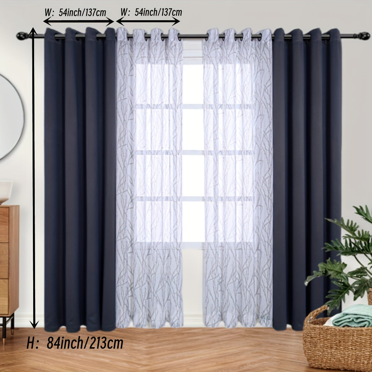 Pair of Curtains for Bedroom or Living Room - Includes 1 Sheer Branch Print Curtain and 1 Blackout Curtain, Grommet Style, 54x84 Inch Each, Dark Gray, Set of 2 Panels