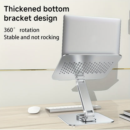 Aluminum laptop stand with 360° rotating base, ergonomic design, dual adjustment knobs, sturdy and non-slip. Fits MacBook and all laptops up to 40.64cm, ideal for home office.