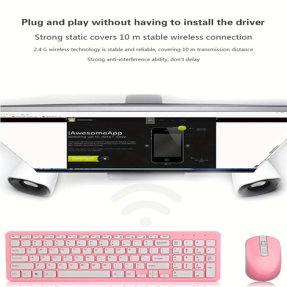 2.4G Wireless Keyboard and Mouse Combo with slim design, ergonomic optical mouse, ABS material, without charging function, compatible with PCs.