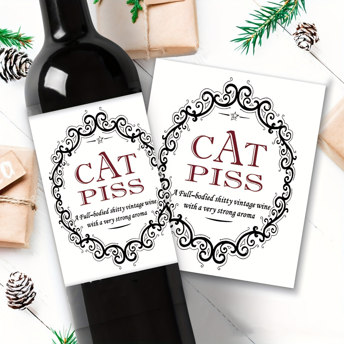 6 Cat Piss Champagne Bottle Labels - Funny Christmas & Birthday Stickers, Waterproof Vinyl, Black/White with Ornament Design - Great for Holiday Parties & Gifts.