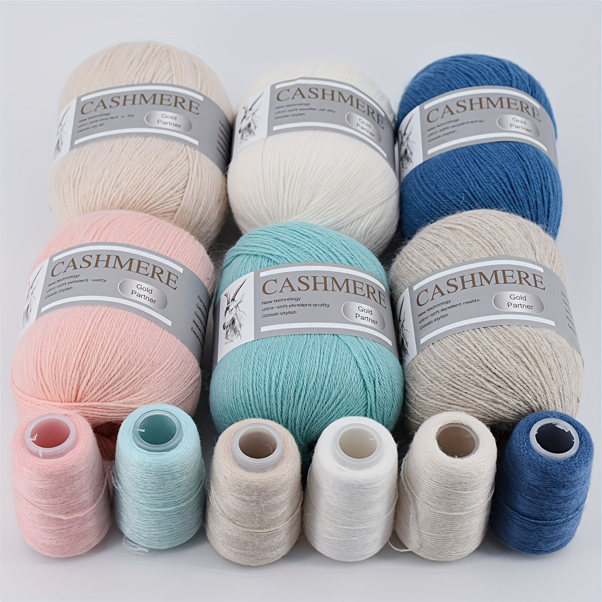 6 luxurious cashmere yarns for hand knitting and crocheting. Ideal for making sweaters, scarves, hats, shawls, cardigans, and gloves. High-quality, soft, warm, multicolored bundle in 10.58