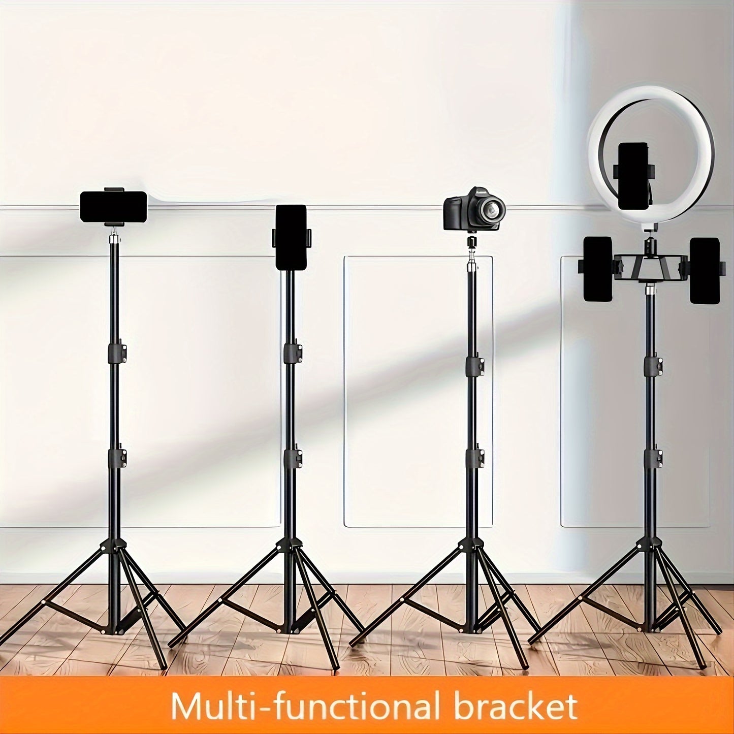 63-inch adjustable tripod stand with multi-functional brackets and black iron mobile phone holder. Sturdy floor design for photography, video calls, and live streaming. Perfect for