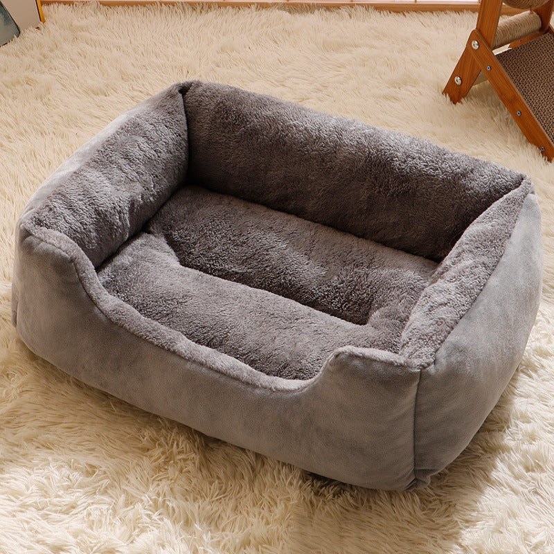 Cozy plush pet sofa bed for cats and small dogs in gray with modern design. No assembly required, perfect for indoor comfort.