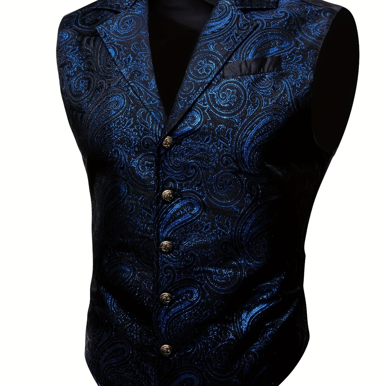 Large green satin jacaquard floral suit vest with tailored collar and copper buttons, suitable for Victorian steampunk and gothic themed events.