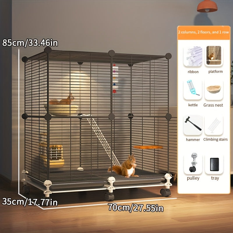 Deluxe squirrel cage with spacious villa design for small pets. Includes various accessories for easy cleaning.