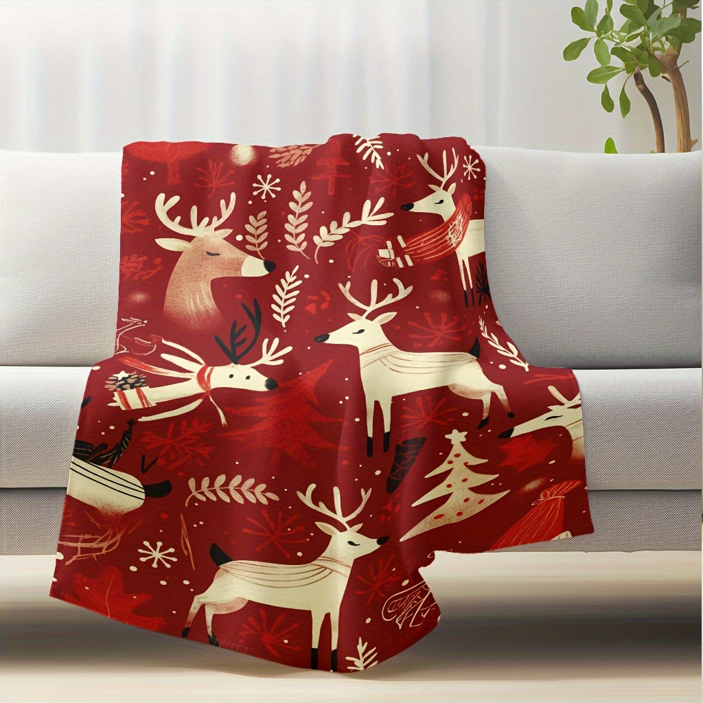 Stay cozy and festive with our 1pc Contemporary Style Red Christmas Reindeer Flannel Throw Blanket. This lightweight blanket is soft, warm, and comfortable, making it perfect for snuggling up on the sofa, taking a nap at home or in the office, camping