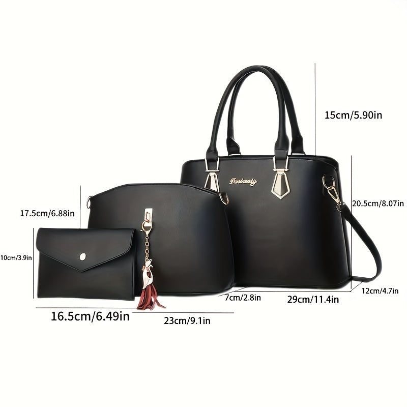 Women's elegant 3-piece handbag set with flowing tassel shoulder bag, crossbody bag, and stylish PU leather tote and sling bag. Ideal gift for festivals and work.