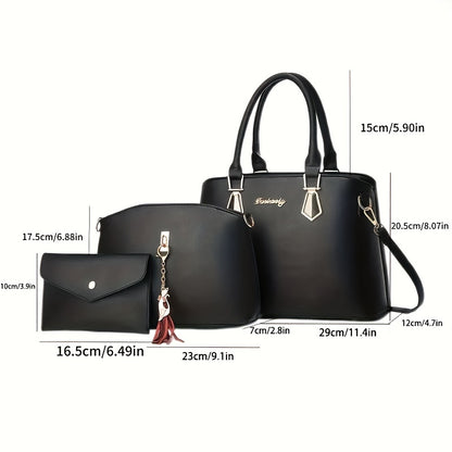 Women's elegant 3-piece handbag set with flowing tassel shoulder bag, crossbody bag, and stylish PU leather tote and sling bag. Ideal gift for festivals and work.