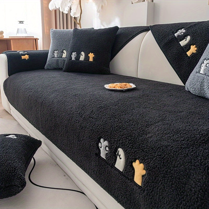 Plush Shearling Sofa Cover with Animal Embroidery - Pet-Friendly, Non-Slip Protector for All Sofa Sizes - Soft Decor for Living Room, Bedroom, Office.