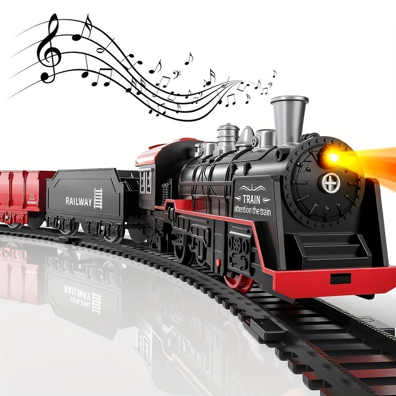 Vintage Electric Train Track Set for kids - Classic Steam Locomotive with Lights & Sounds, Red & Black, ABS Resin, Perfect for Imaginative Play.