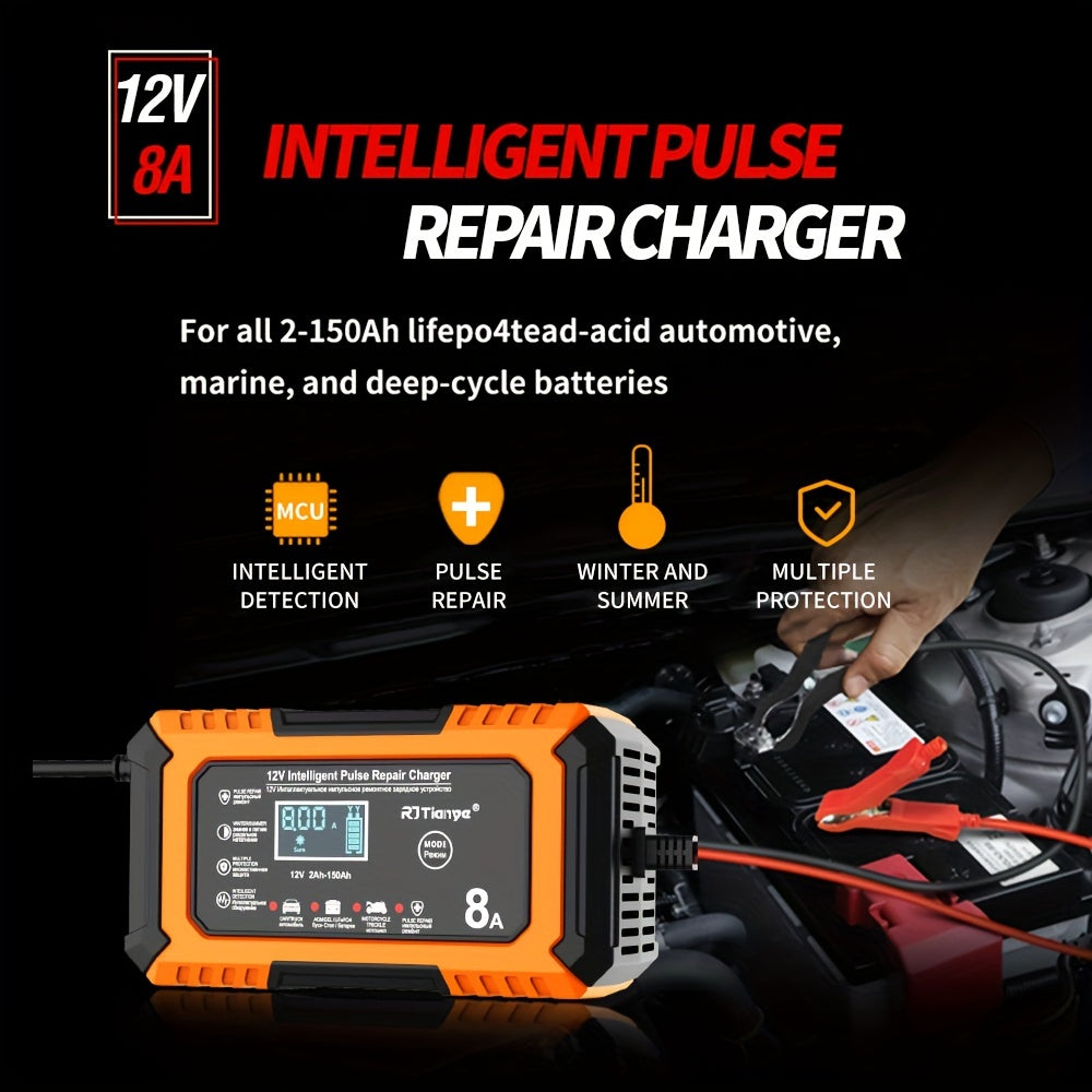 12V 8A Smart Pulse Repair Charger with LCD Display for Vehicles - Intelligent Battery Maintainer for Various Battery Types - Automatic Mode, Overheat & Overcharge Protection, Stylish Red &