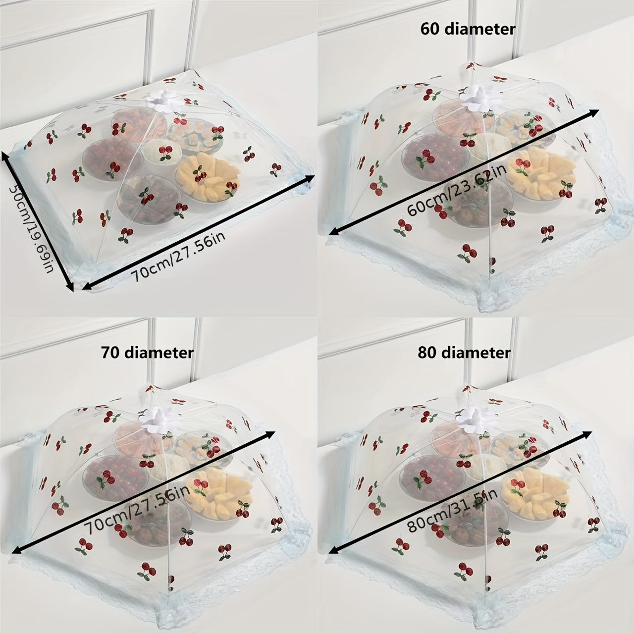 Foldable food cover with cherry design, lace trim and bow, protects against mosquitoes and dust, ideal for kitchen and dining.