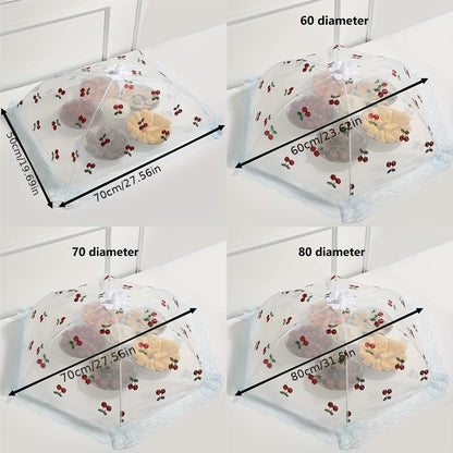 Складной пищевой колпак с дизайном вишни, кружевной отделкой и бантом, защищает от комаров и пыли, идеально подходит для кухни и столовой.