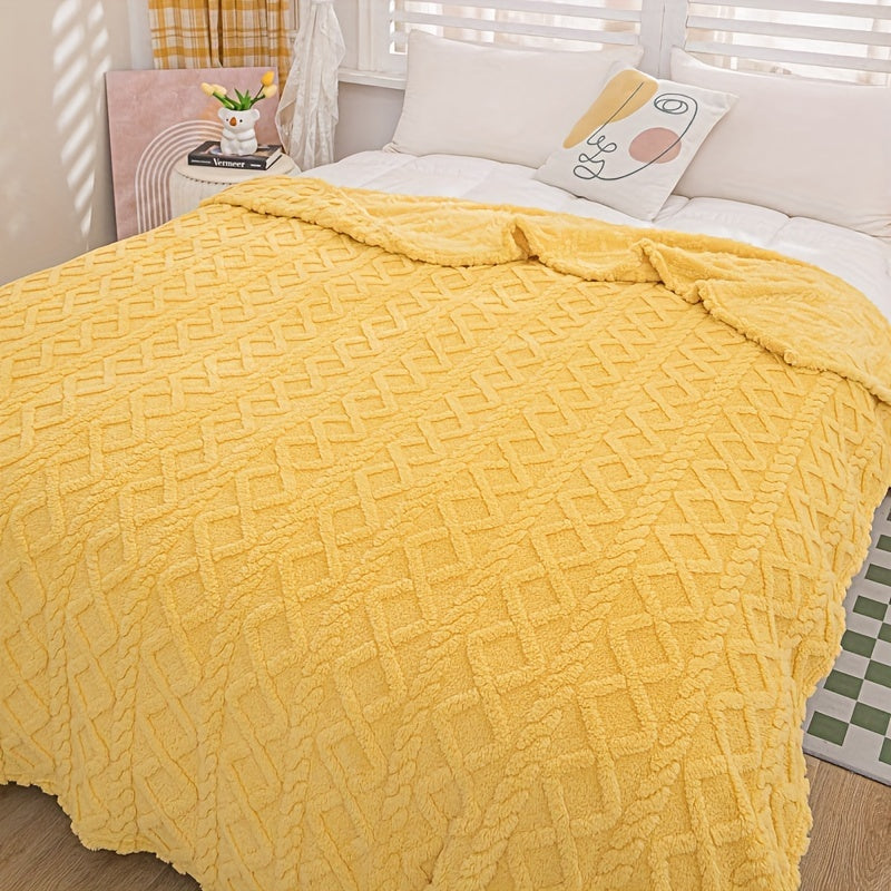 Stay cozy year-round with this modern Jacquard Chenille Bed Blanket. Crafted from soft, warm polyester, it features a striped pattern in mixed colors that adds a touch of style to any room. Machine washable for easy care, this blanket is ideal for the