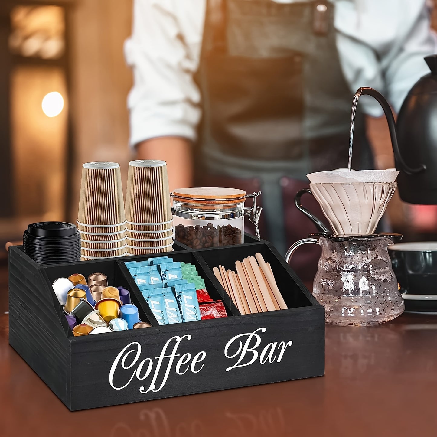 Wooden coffee station organizer for coffee and tea condiments, pods, and accessories; perfect for home organization and decor.