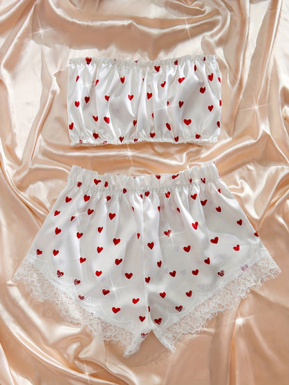 Sexy lingerie set featuring heart print bowknot details with high waist shorts and elastic bra.