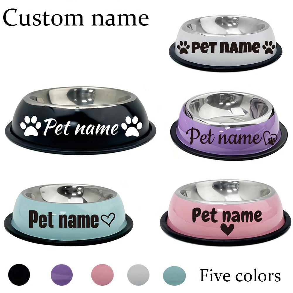 Custom stainless steel dog bowl with non-slip base for small, medium, and large dogs. Personalize with pet's name for food and water.