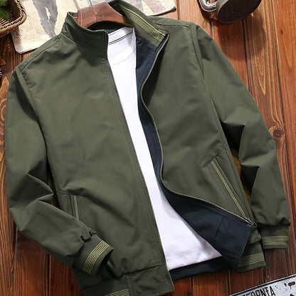 Men's olive green zip-up jacket with stand collar, dual-sided design and pockets. Machine washable and trendy for casual wear.