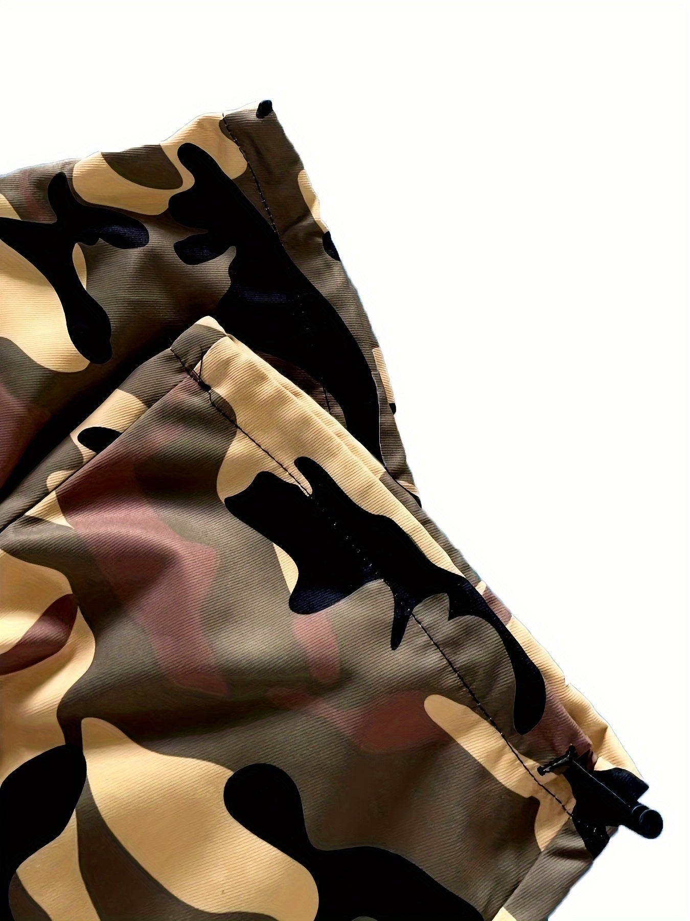 Men's plus size camo cargo pants, made of durable polyester with drawstring waist and multi-pocket design for outdoor activities.