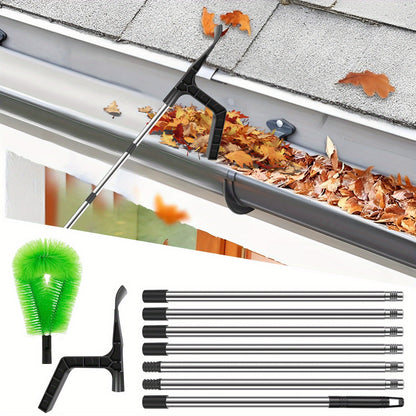 Telescopic Pole Gutter Cleaning Kit - Stainless Steel Brush & Leaf Shovel, 2-in-1 Tool with Adjustable Length for Convenient Storage and Safe Outdoor Cleaning.