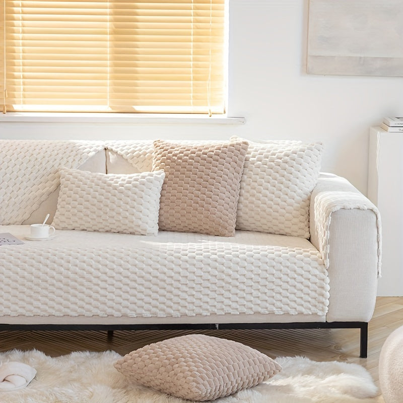 Modern sofa slipcover is stylish and pet-friendly, non-slip for all seasons, fits single to four-seater sofas, machine washable, includes square cushion, backrest, and armrest.