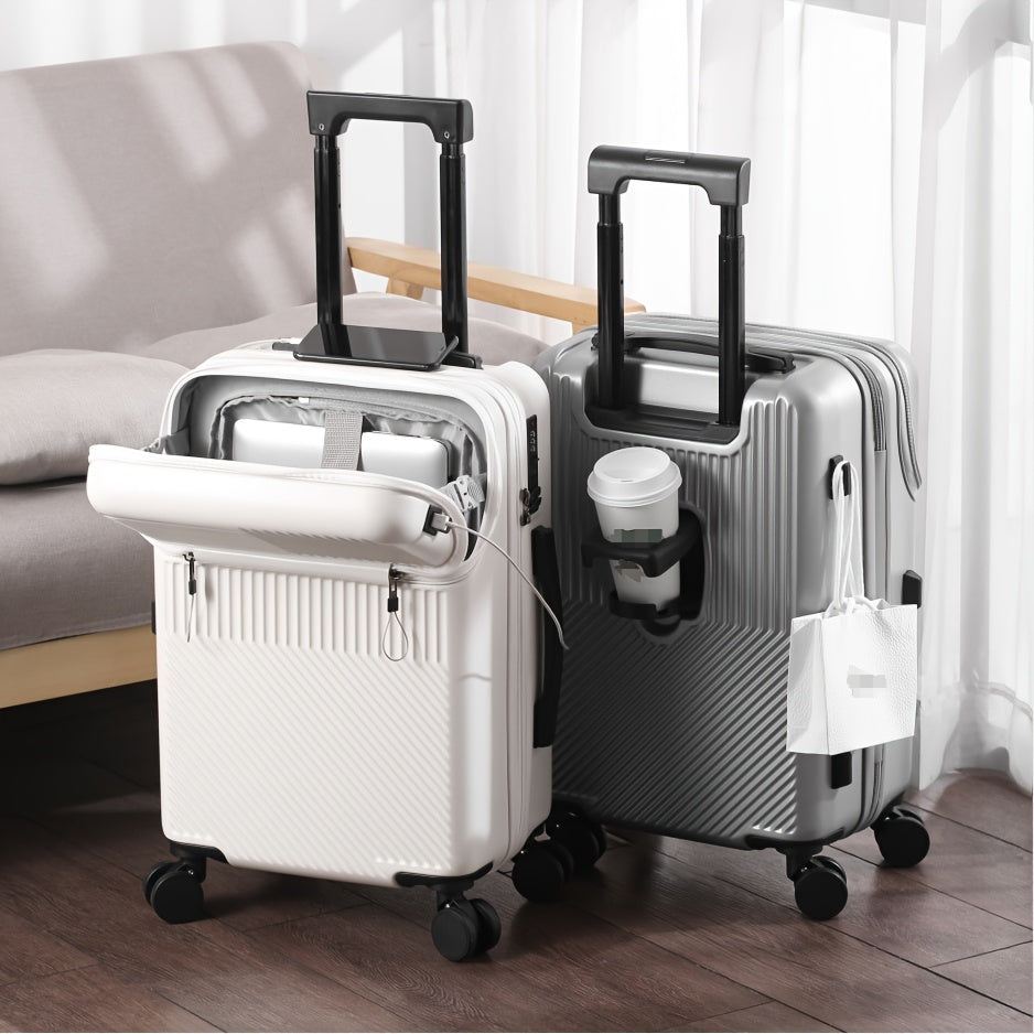 Compact 20-inch carry-on with cup holder and retractable handle.