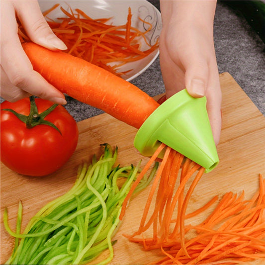 Multifunctional kitchen spiralizer for making zucchini noodles and grating vegetables easily. Durable plastic in green color.