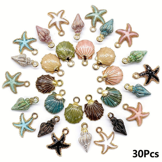 Set of 30 Ocean Series Charms featuring Starfish, Conch, and Seashell designs - perfect for creating DIY jewelry with alloy enamel pendants.