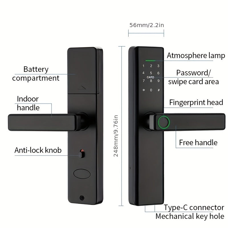 Wifi Electronic Lock with multiple access options (Password, Card, Fingerprint, Key) and TT App/Tuya App support.