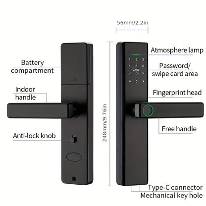 Wifi Electronic Lock with multiple access options (Password, Card, Fingerprint, Key) and TT App/Tuya App support.