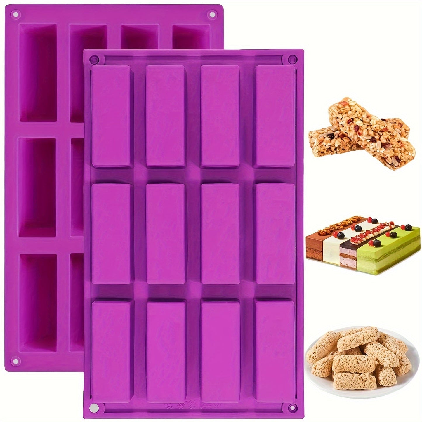 Three sets of 12-cavity large rectangle molds made of silicone for creating nutrition cereal bars, energy bars, and other treats like chocolate truffles, ganache, bread, brownies, cornbread, cheesecake, pudding, and butter. Perfect for baking supplies