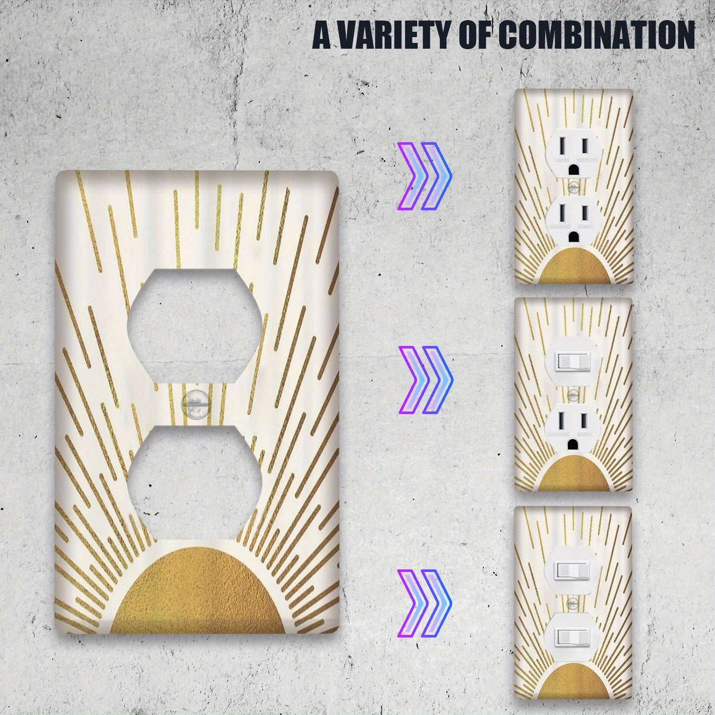 Golden sunrise light switch cover made of unbreakable polycarbonate for kitchen and home office.