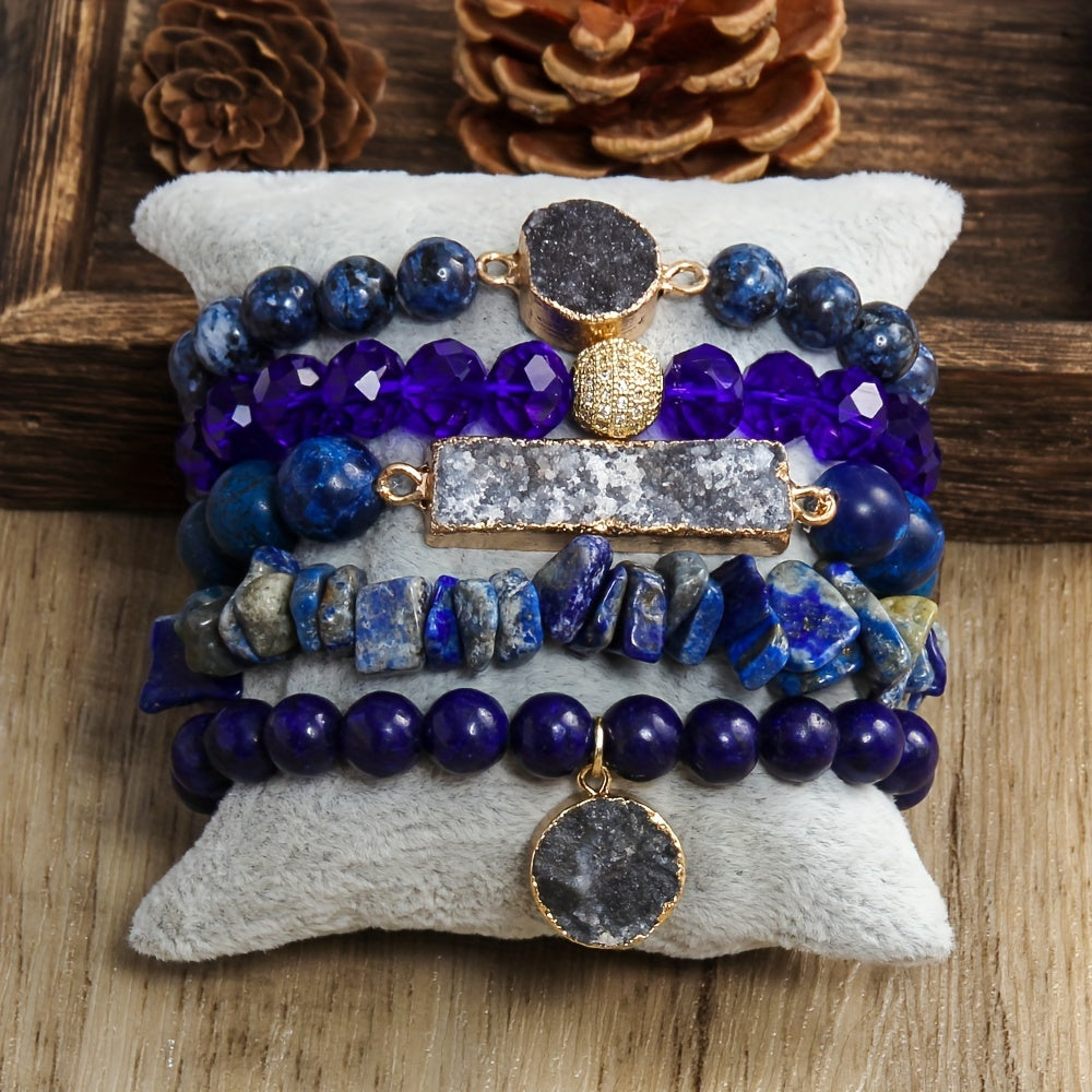 Set of 5 Bohemian Classic Beaded Bracelets featuring Natural Stone Druzy Gravel Glass, February Birthstone, Elastic Stackable design for Daily & Vacation Wear, accented with Synthetic Zirconia for a touch of elegance, perfect for all seasons.