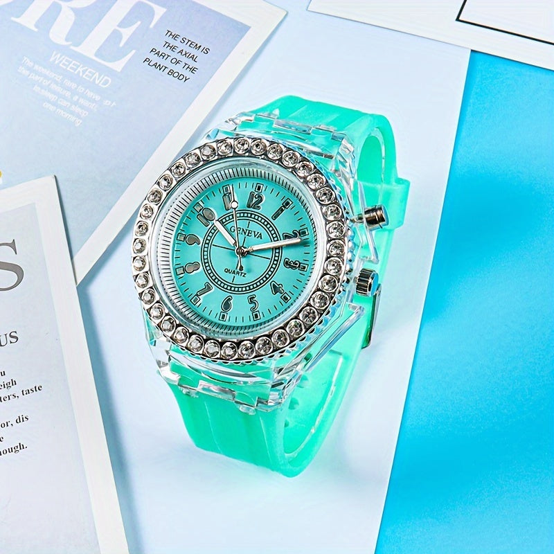 New Luminous Student Electronic Watch with Rhinestones, Candy Color - Perfect New Year Gift for Teenagers.