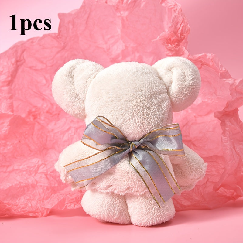 Modern cute bear hand towel with golden ribbon, soft and absorbent polyester blend, 310gsm, perfect gift for festivals.